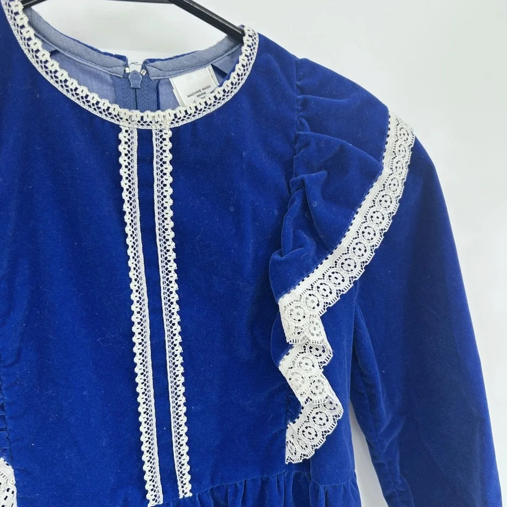 Vintage Prairie Velvet Lace Ruffle Dress Girls 10-12 Blue Cottagecore Holiday